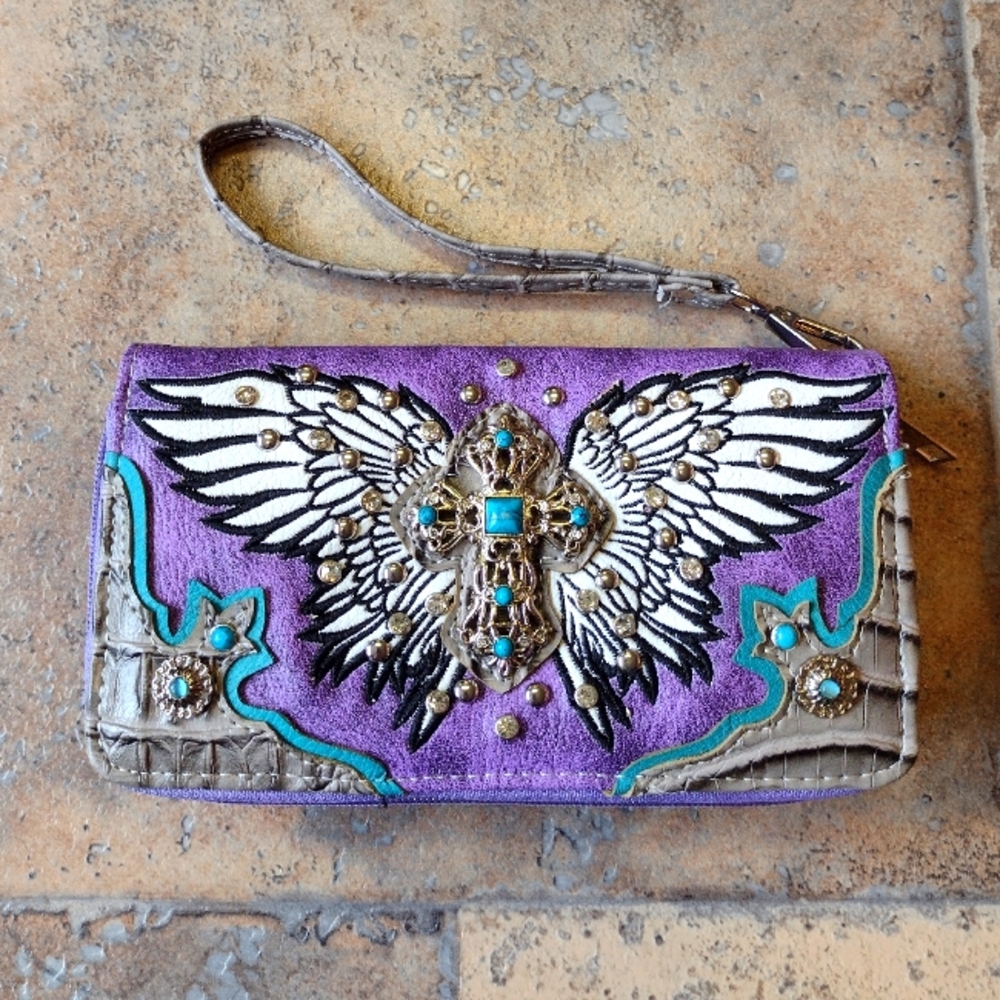 Distressed faux leather cross wing wallet BNWT